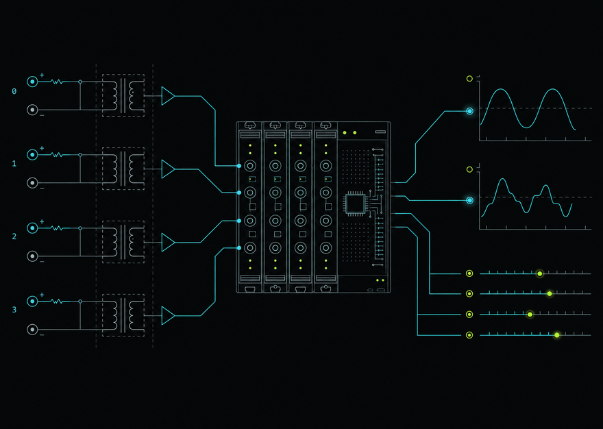 Diagram of sensor channels feeding a data-acquisition system